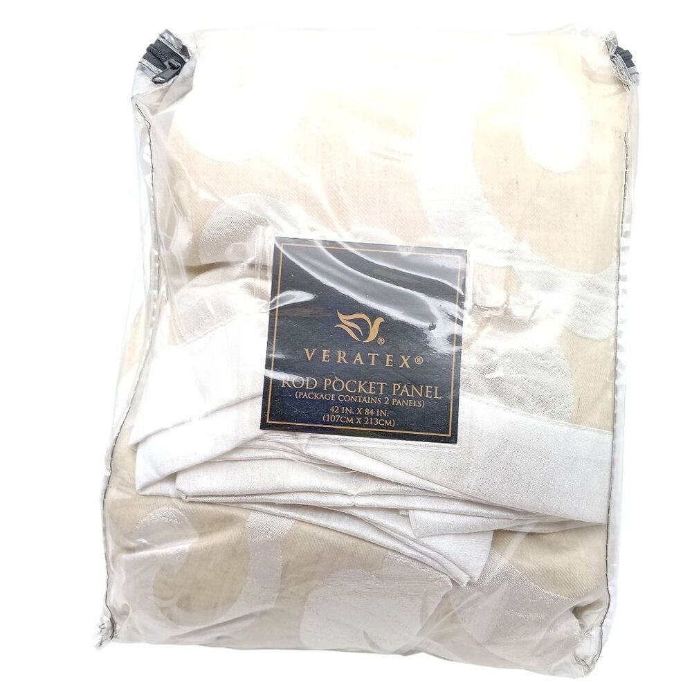Veratex Tan and White Drapery, Olivea Rod Pocket Panel Set Curtains, Elegant